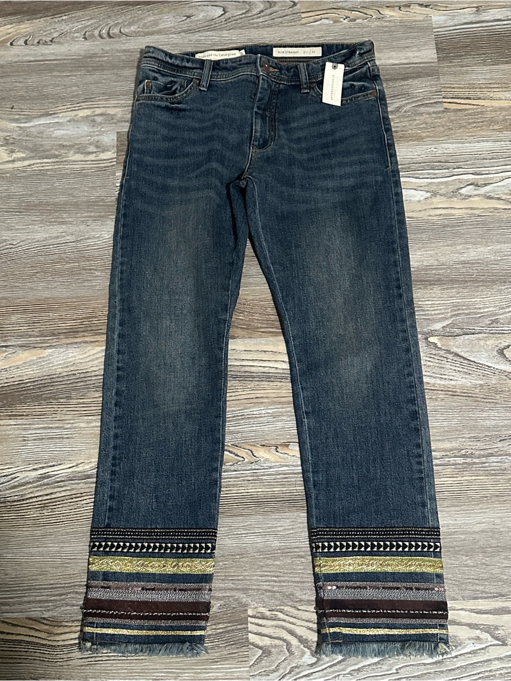 Anthropologie Dark Wash Straight Leg Jeans with Embroidered Hem